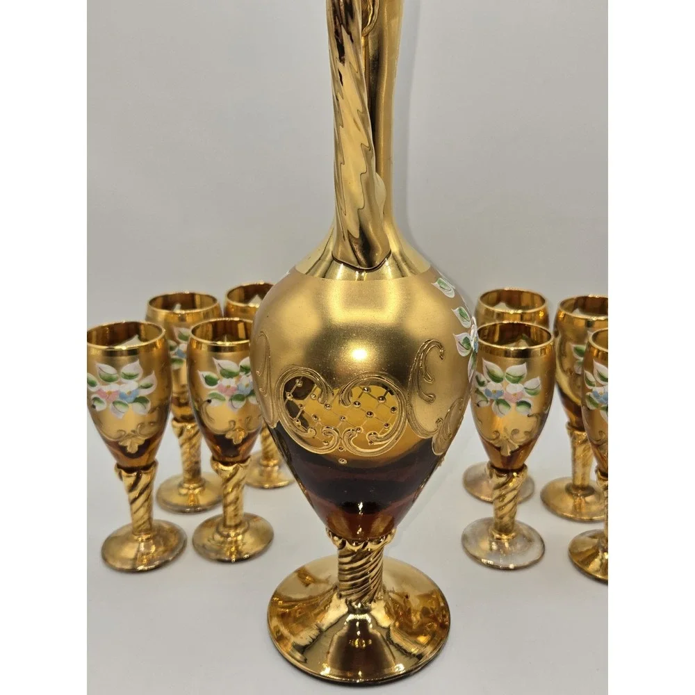 Vintage‎ Italian Venetian Gilt Glass Liquor Decanter Set Enamel Cordial Glasses